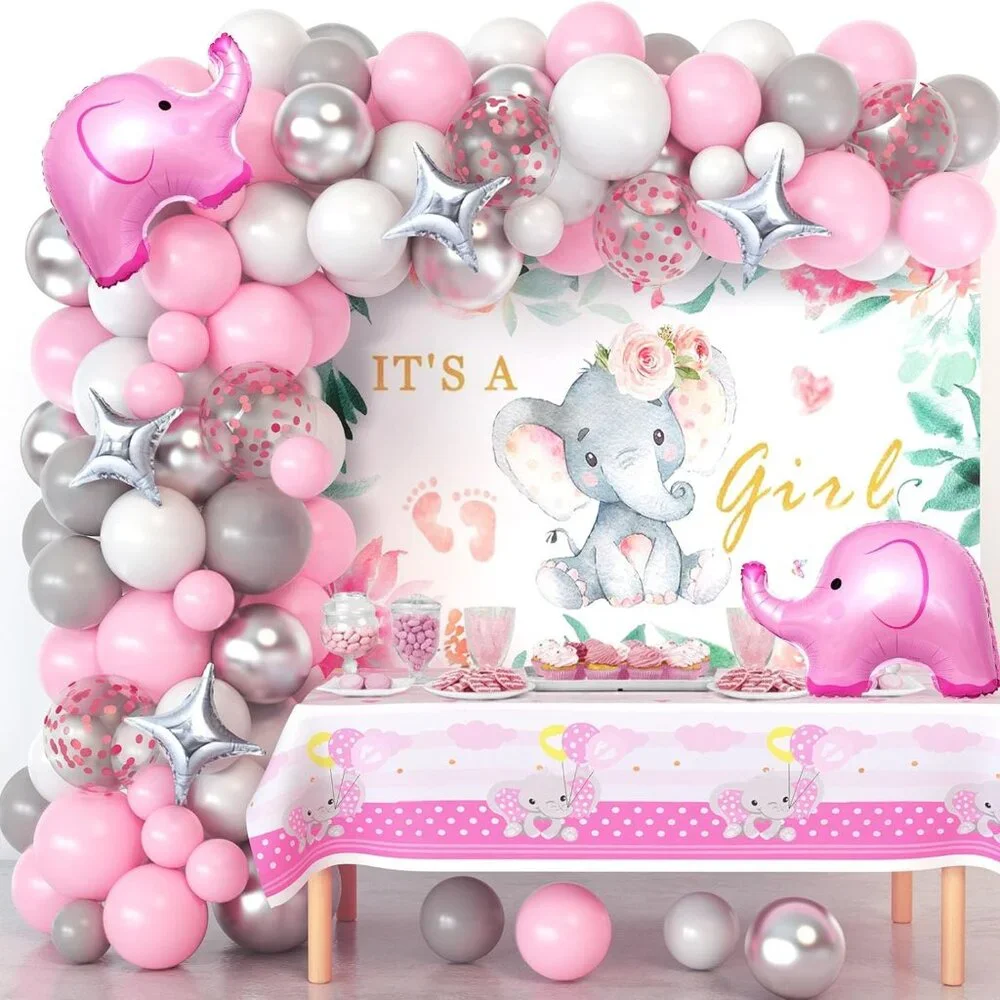 Pink Girls Baby Shower Decoration Set, Balloons, Backdrop, Tablecloth